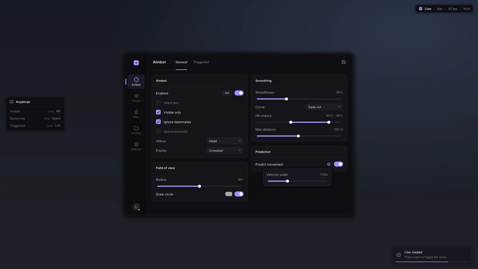 Lilac settings popup