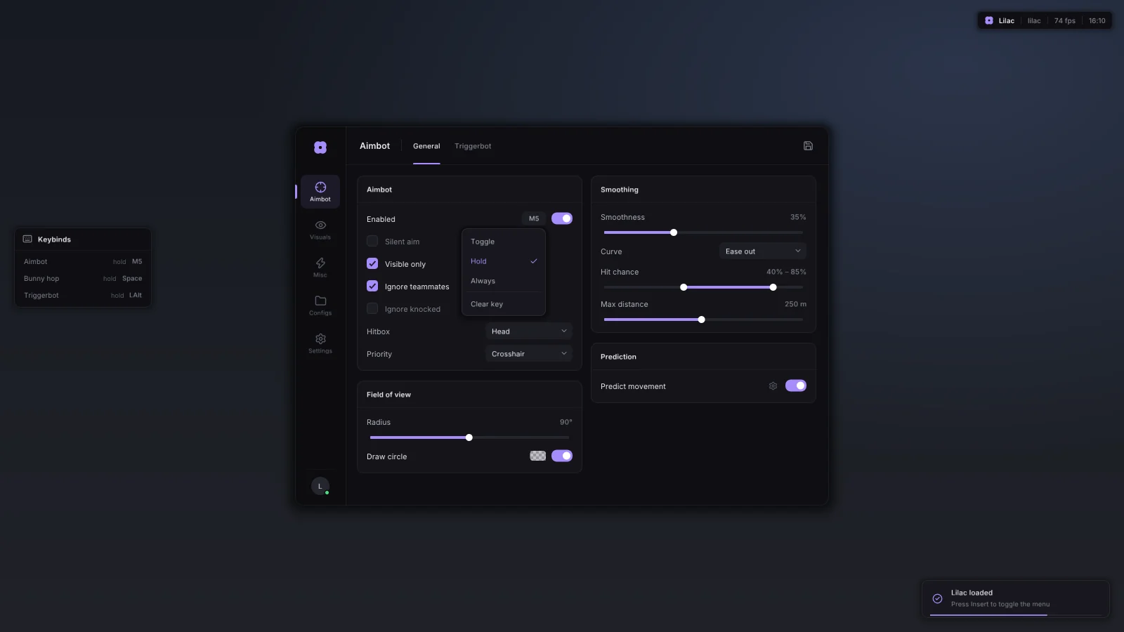 Lilac mode popup